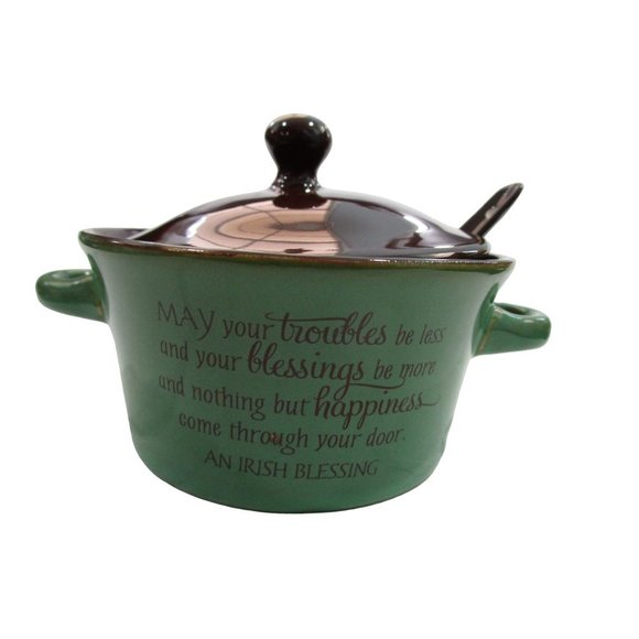 Irish Blessing Covered Soup Stew Bowl Handles Ceramic Spoon New No Box Jozie B - Picture 1 of 15